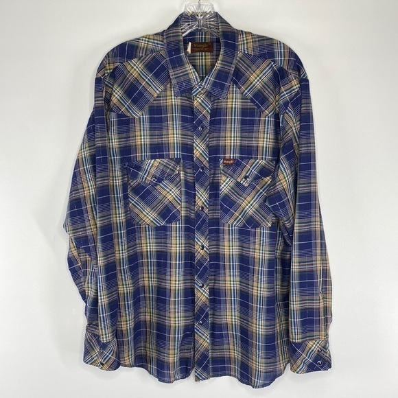 Vintage Wrangler Pearl Snap Blue Plaid Button Up XL - Picture 1 of 6